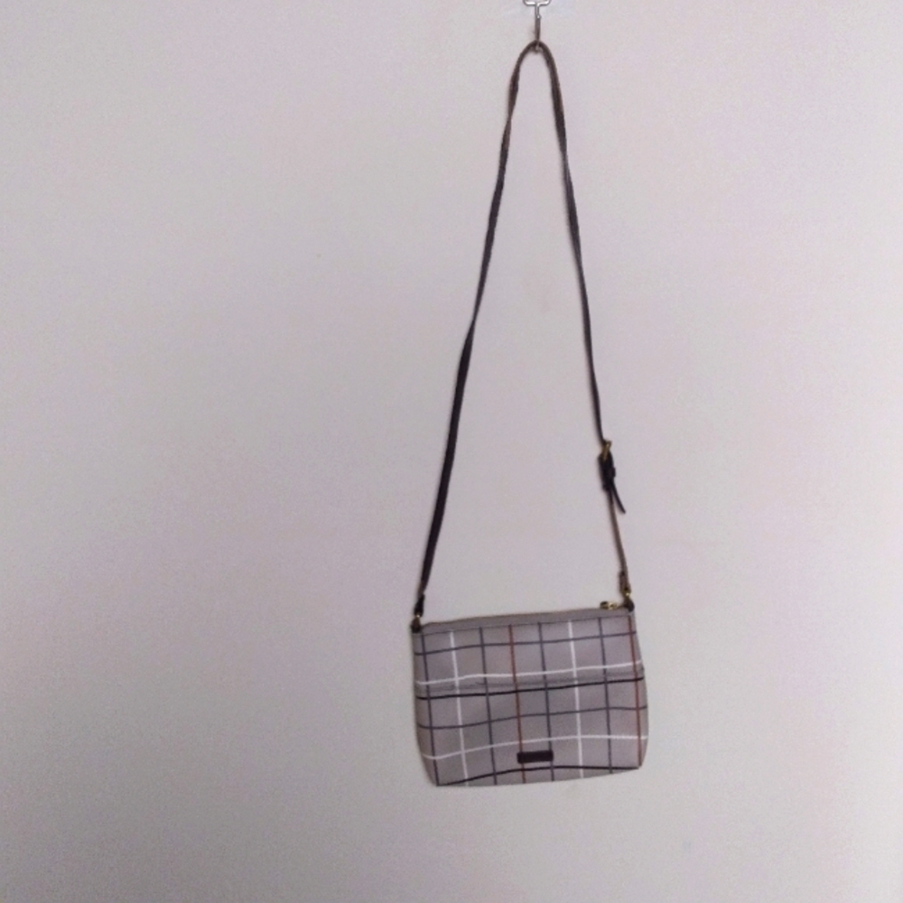 Fossil Gray and Brown Neutral Plaid Zip Top Crossbody Purse Handbag